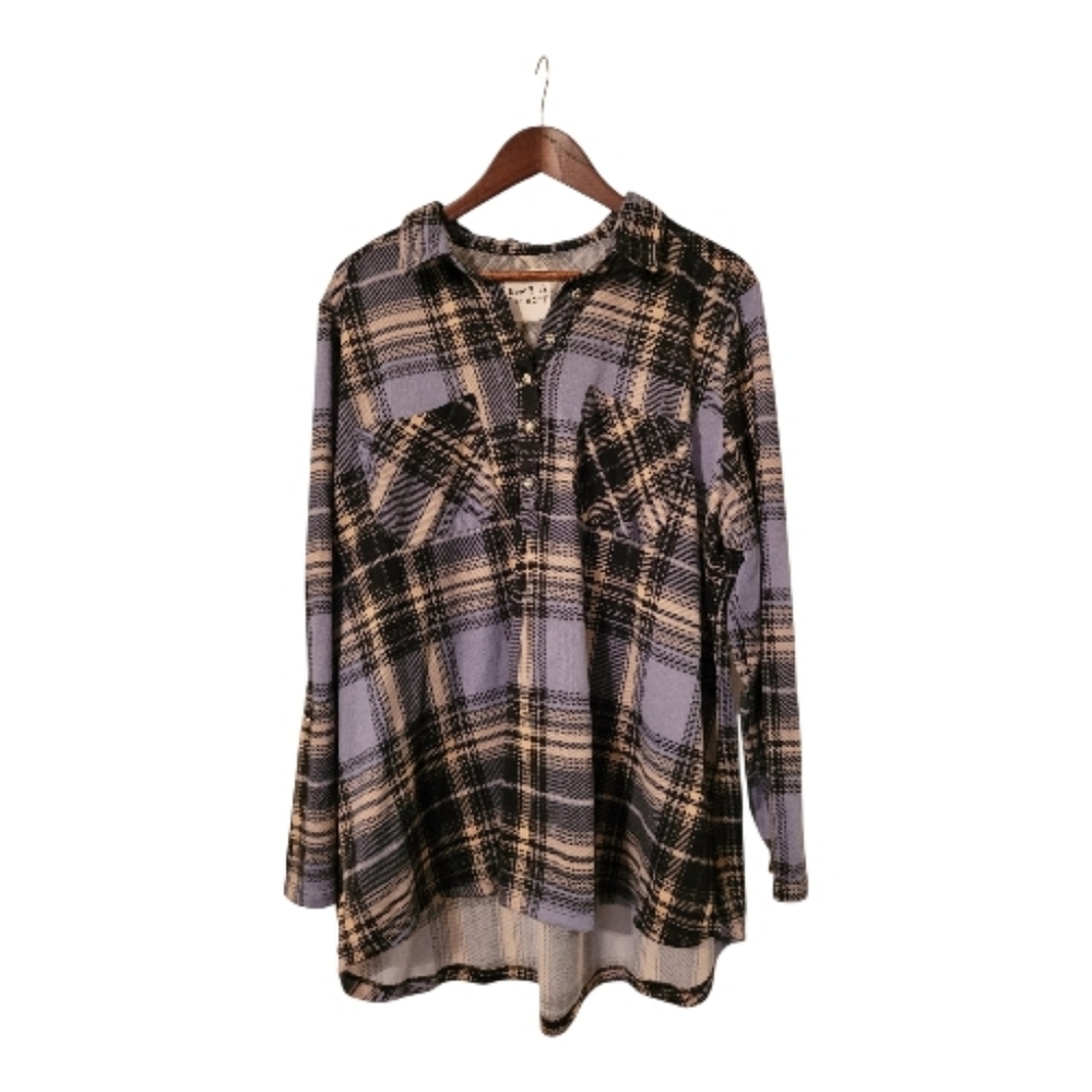 New York Laundry Plaid Long Sleeve Top Light Blue Navy